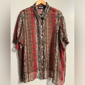 Rebecca Jones Womens Brown Geometric Print 100% Silk Semi Sheer Blouse Boho 4XL